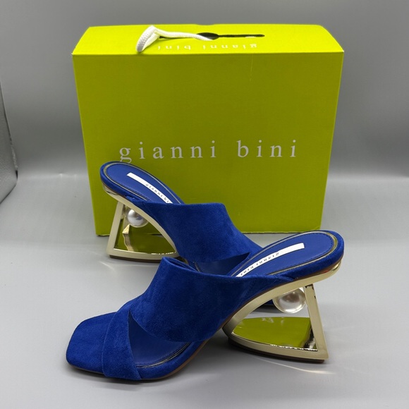 Gianni Bini Paityn suede mules in blue with a gold architectural heel. - Picture 3 of 10